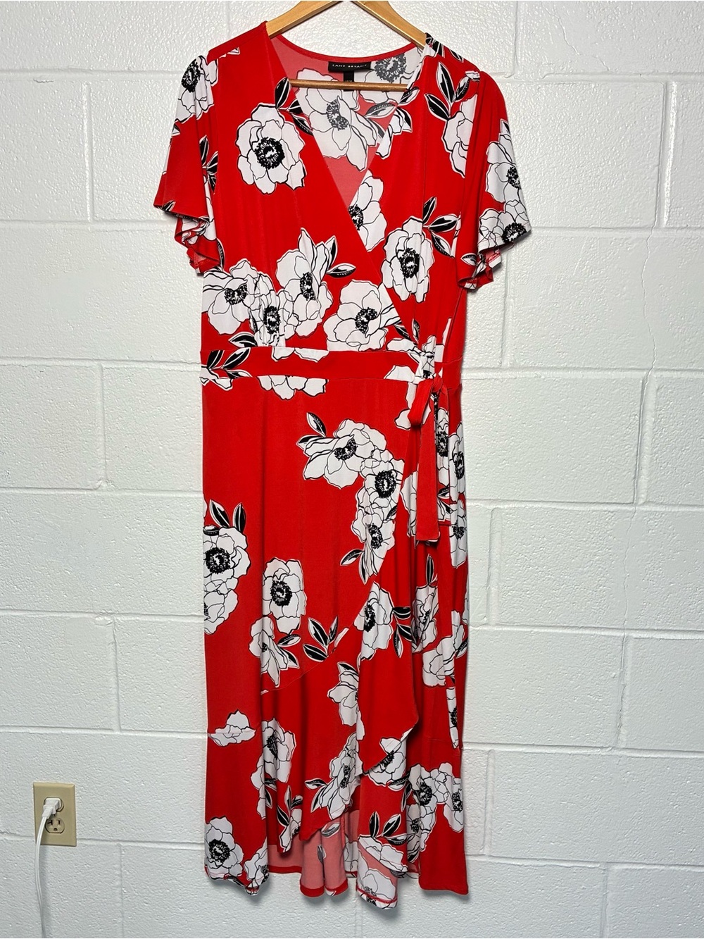 Lane Bryant red white floral flutter-sleeve faux-wrap midi dress